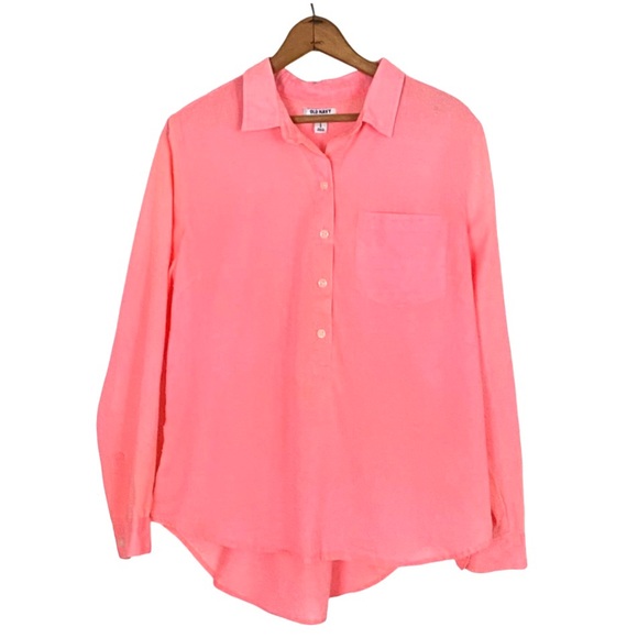 Old Navy Pink Neon Swiss Dot Popover Top Long Sleeve Semi Sheer Button Blouse L - Picture 2 of 16